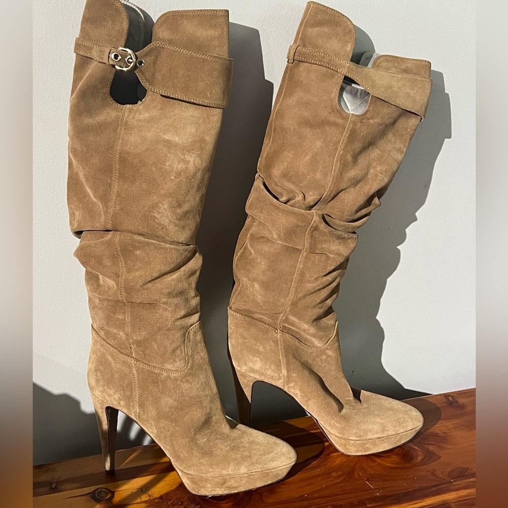 Sergio Rossi Tan Suede Slouch Knee Boots with Buckle